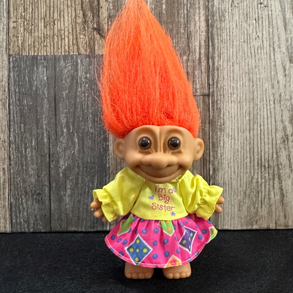 Vintage Troll Doll Big Sister Orange Hair Shirt "Big Sister" Pink Diamond Skirt